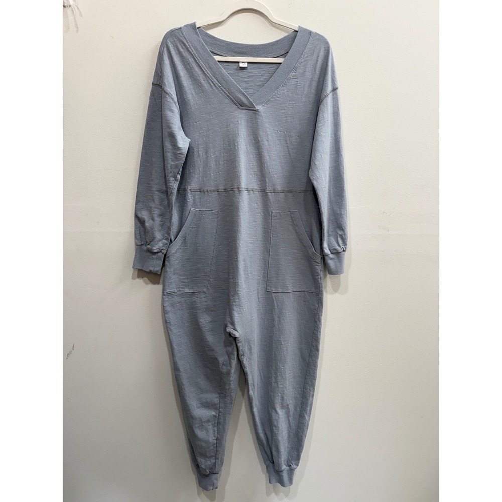 ANRABESS Jumpsuit S Blue Grey Slub Knit Long Sleeve V-Neck Loungewear Jogger